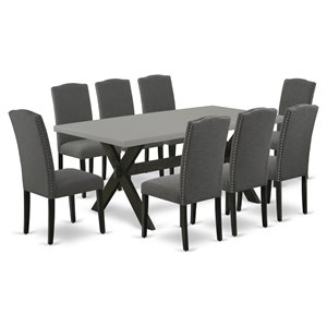 Pemberly Row X-Style 9-Piece Wood Dining Set in Gray with Linen Seats
