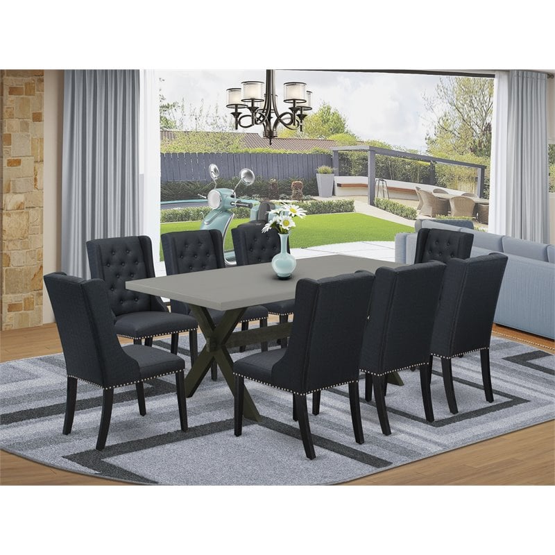 Pemberly Row 9-Piece Dining Set with Cement Top and Wire Brush Black Finish