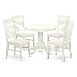 Pemberly Row Antique 5-Piece Dining Set Wood Linen White Round Table Chairs