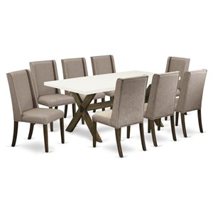Pemberly Row X-Style 9-Piece Rubber Wood Dining Table Set with Khaki Fabric