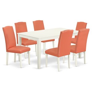 Pemberly Row 7-Piece Dining Set with Linen White Table and Pink Chairs
