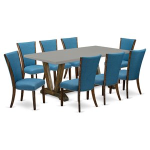 Pemberly Row 9-Piece Dining Set with Distressed Jacobean Table and Blue Chairs