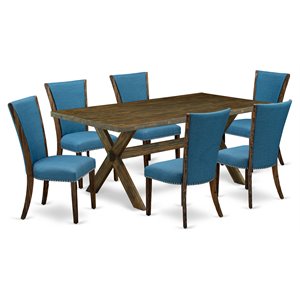Pemberly Row 7-Piece Dining Set with Jacobean Table and Blue Chairs