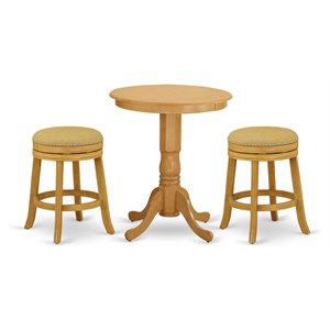 Pemberly Row 3-Piece Round Dining Set Oak Finish Wood Fabric Upholstered Chairs
