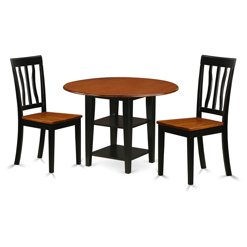 Pemberly Row Sudbury 3-Piece Round Dining Set with Drop Leaves in Black/Cherry