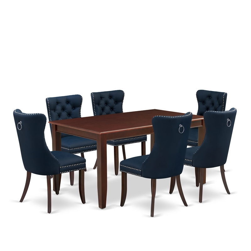 Pemberly Row 7-Piece Dining Set in Mahogany with Navy Blue Upholstery