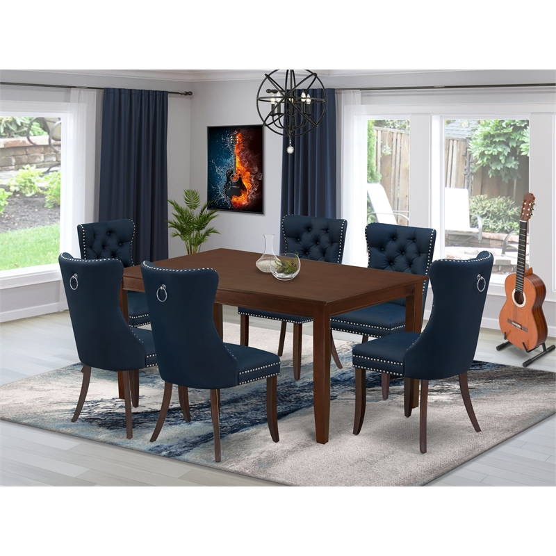 Pemberly Row 7-Piece Dining Set in Mahogany with Navy Blue Upholstery