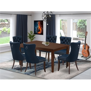 Pemberly Row 7-Piece Dining Set in Mahogany with Navy Blue Upholstery