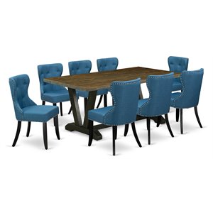 Pemberly Row 9-Piece Dining Set with Upholstered Chairs in Jacobean/Blue