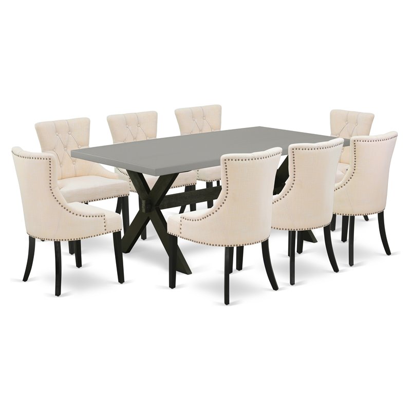 Pemberly Row 9-Piece Wood Dining Set with Upholstered Chairs in Black/Beige