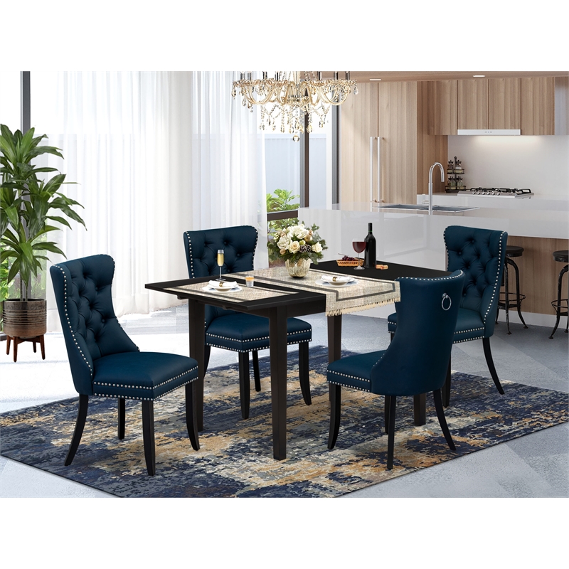 Pemberly Row 5-Piece Dining Set with Rubberwood Table in Black and Navy Blue