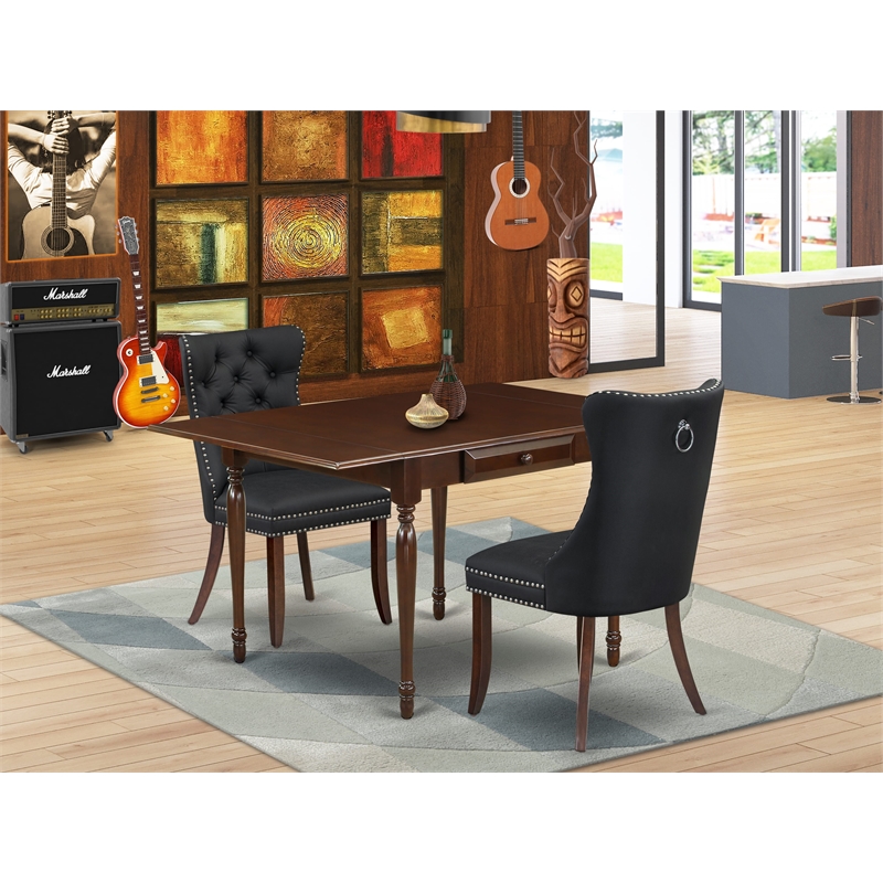 Pemberly Row 3-Piece Dropleaf Dinette Set in Mahogany with Gray Chairs