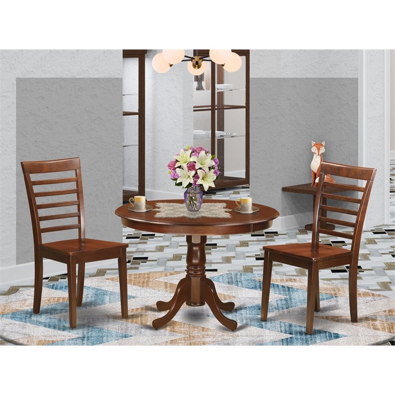 Pemberly Row 3-Piece Round Dining Set with Wood Seat in Mahogany