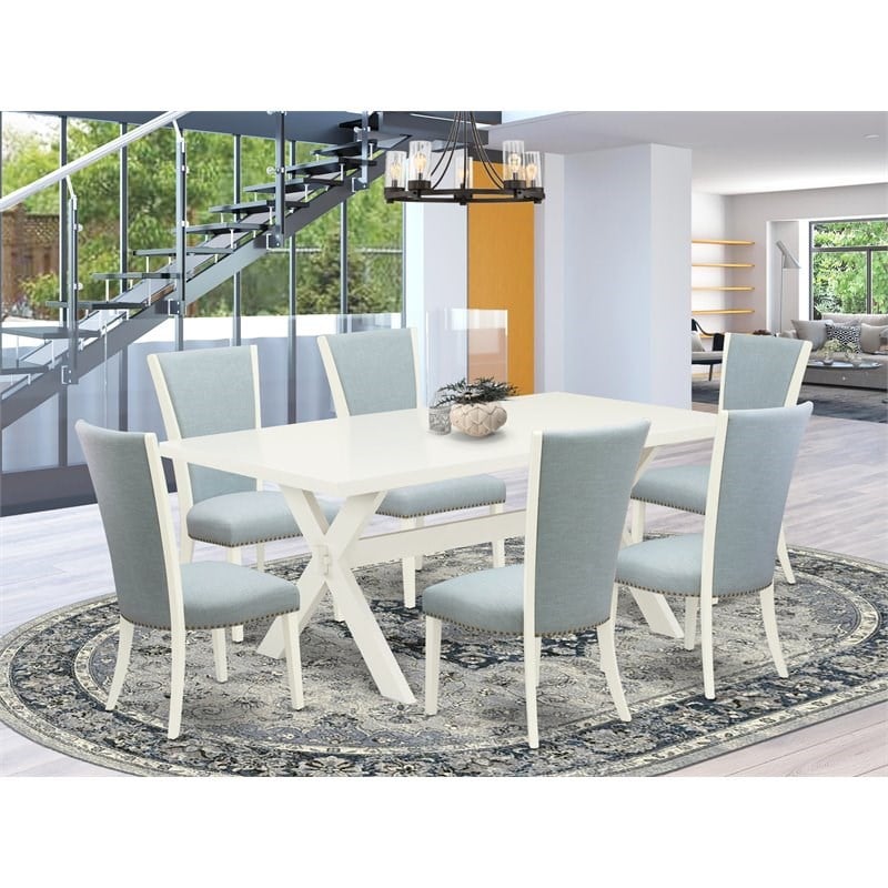 Pemberly Row X-Style 7-Piece Wood Dining Set with Fabric Seats in White