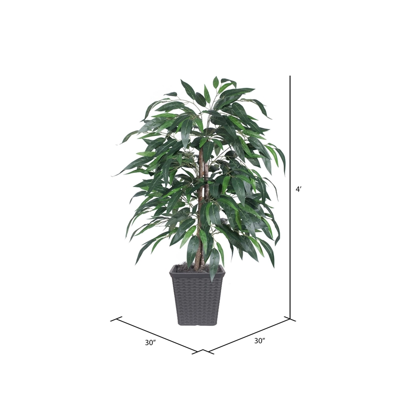 Pemberly Row 4' Artificial Mango Bush in Gray Square Plastic Container
