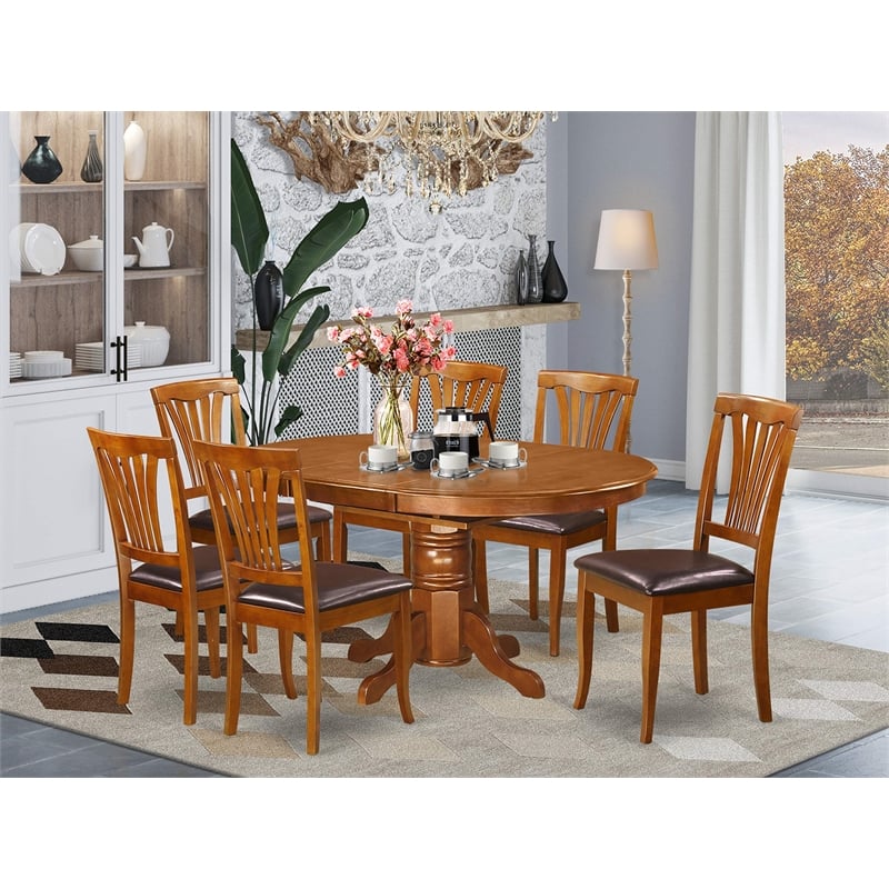 Pemberly Row 7-Piece Dining Set with Faux Leather Seats in Saddle Brown