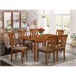 Pemberly Row 7pc Saddle Brown Dining Set w/ Linen Seat in Asian Wood