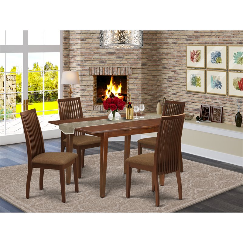 Pemberly Row 5pc Mahogany Dining Set w/ Fabric Seat Chairs in Asian Wood