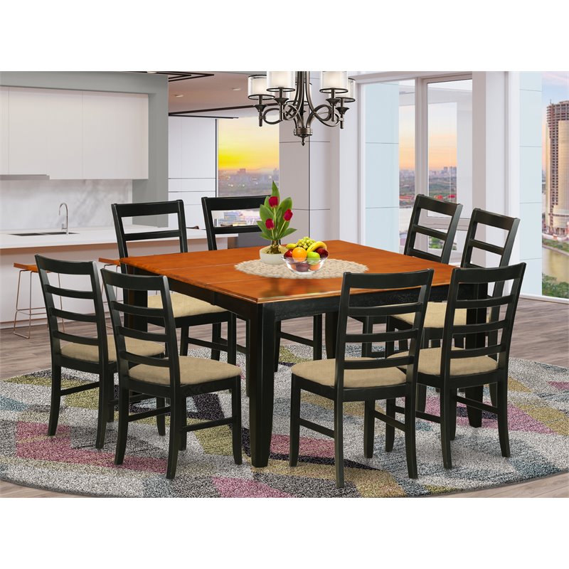 Pemberly Row 9-Piece Wood Dining Set with Fabric Chairs in Black and Cherry