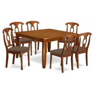 Pemberly Row 7-Piece Wood Dining Set with Fabric Chairs in Saddle Brown
