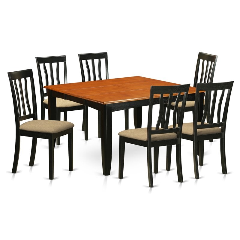 Pemberly Row 7-Piece Wood Dining Set with Linen Seats in Black/Cherry