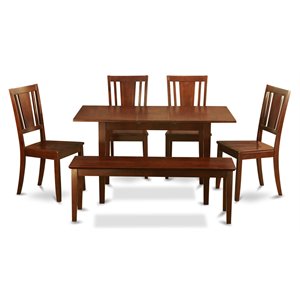 Pemberly Row 6-Pc Mahogany Wood Dining Set with Butterfly Leaf Table and Bench
