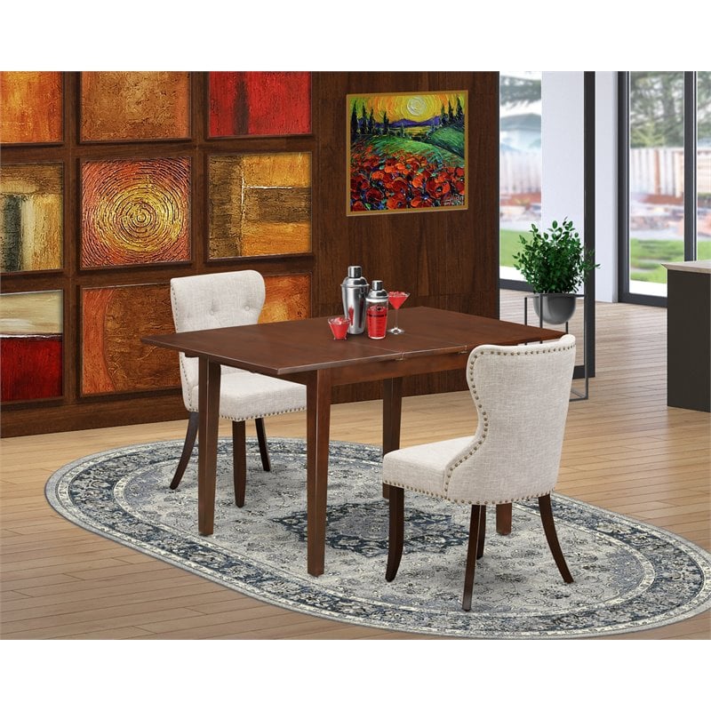 Pemberly Row 3-Piece Wood Dining Set in Mahogany with Doeskin Chairs