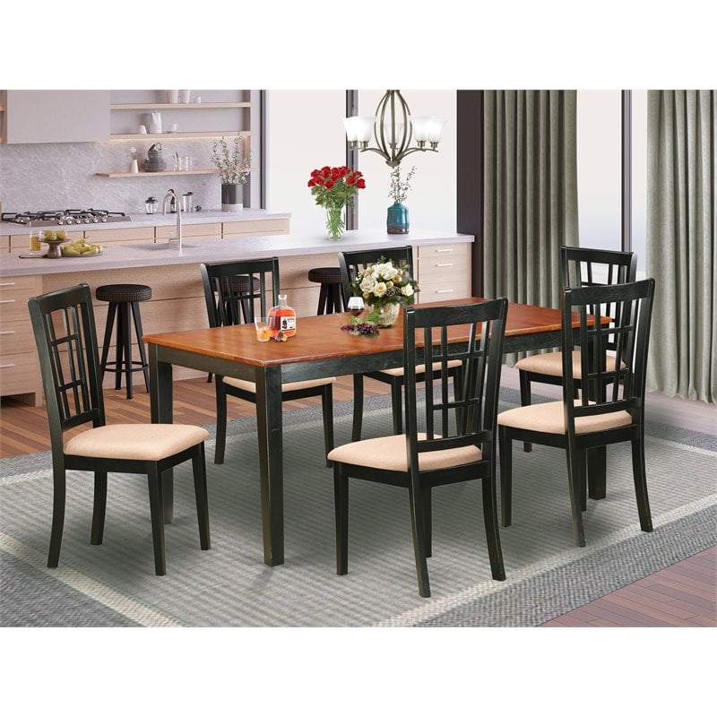 Pemberly Row 7-Piece Wood Dining Set with Linen Seats in Black/Cherry