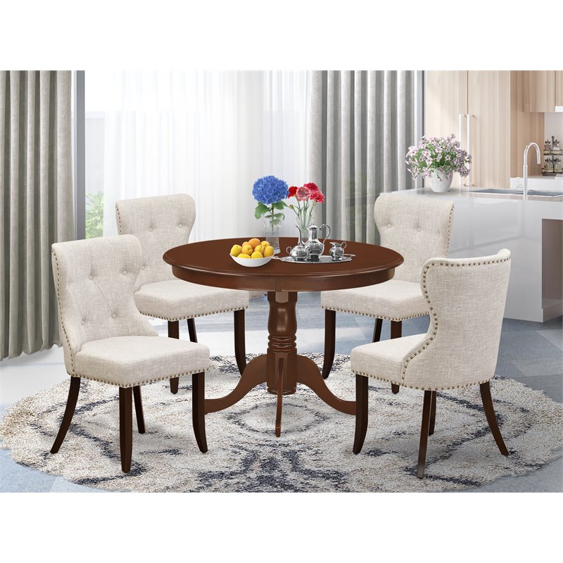 Pemberly Row 5-Piece Wooden Dining Set w/ Fabric Seats in Mahogany