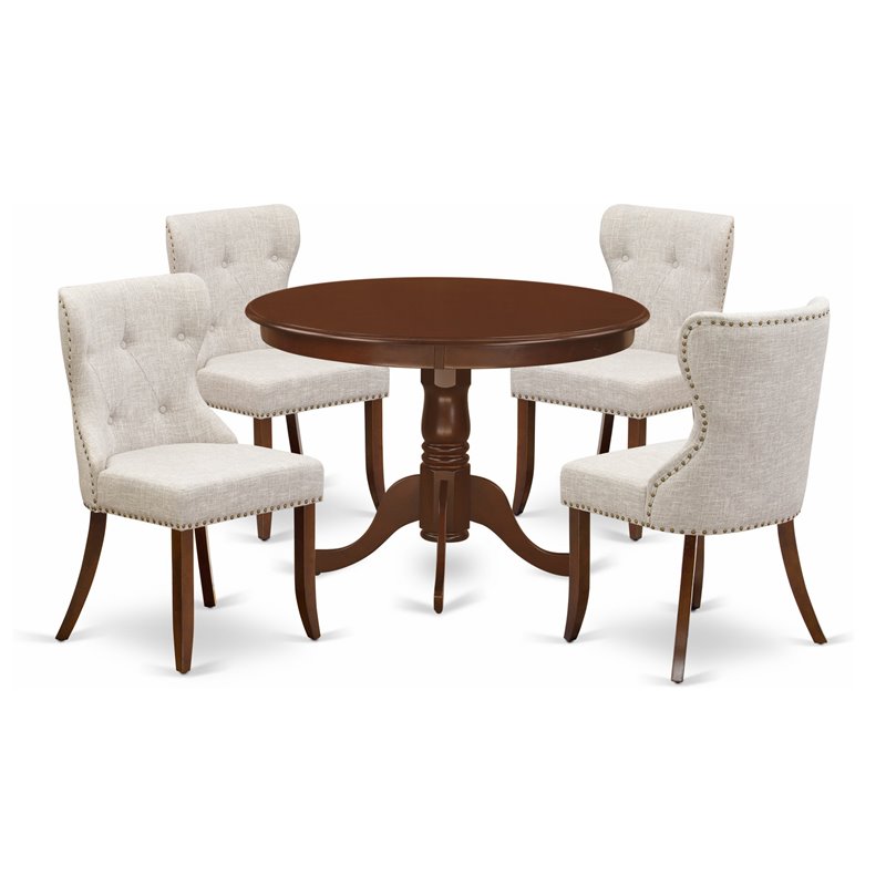 Pemberly Row 5-Piece Wooden Dining Set w/ Fabric Seats in Mahogany