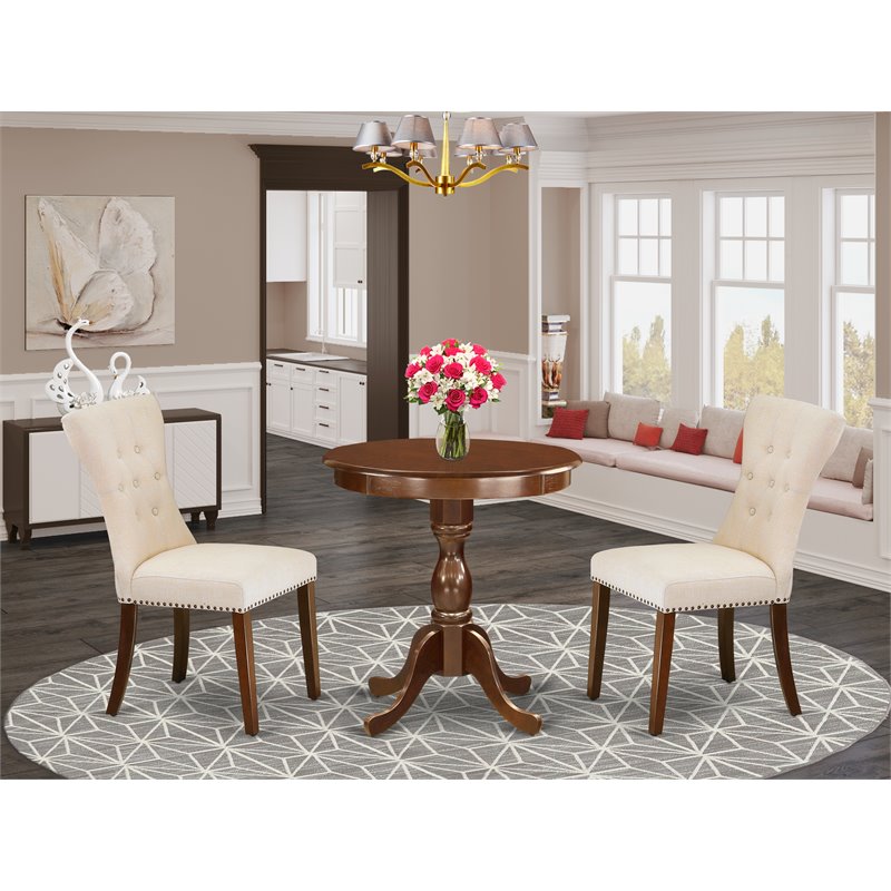 Pemberly Row 3-Piece Wood Dinette Set with Linen Upholstered Chairs in Mahogany