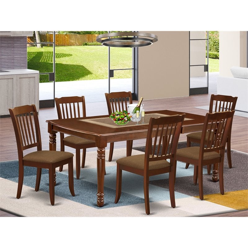 Pemberly Row 7-Piece Wood Dining Set with Fabric Seats in Mahogany
