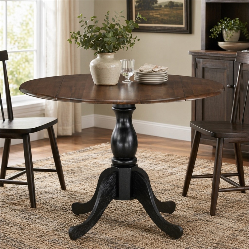 Pemberly Row Round Rubberwood Table with Walnut Top and Black Pedestal
