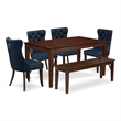 Pemberly Row 6-Piece Wood Dining Set with Bench in Mahogany and Navy Blue