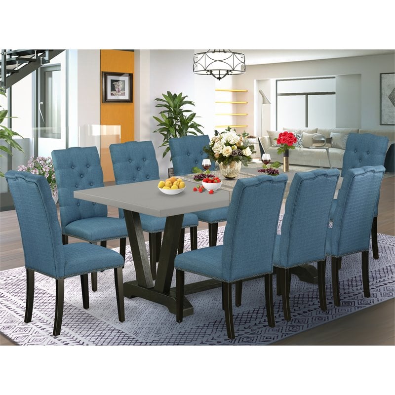 Pemberly Row 9-Piece Dining Set with Upholstered Chairs in Black/Cement Finish