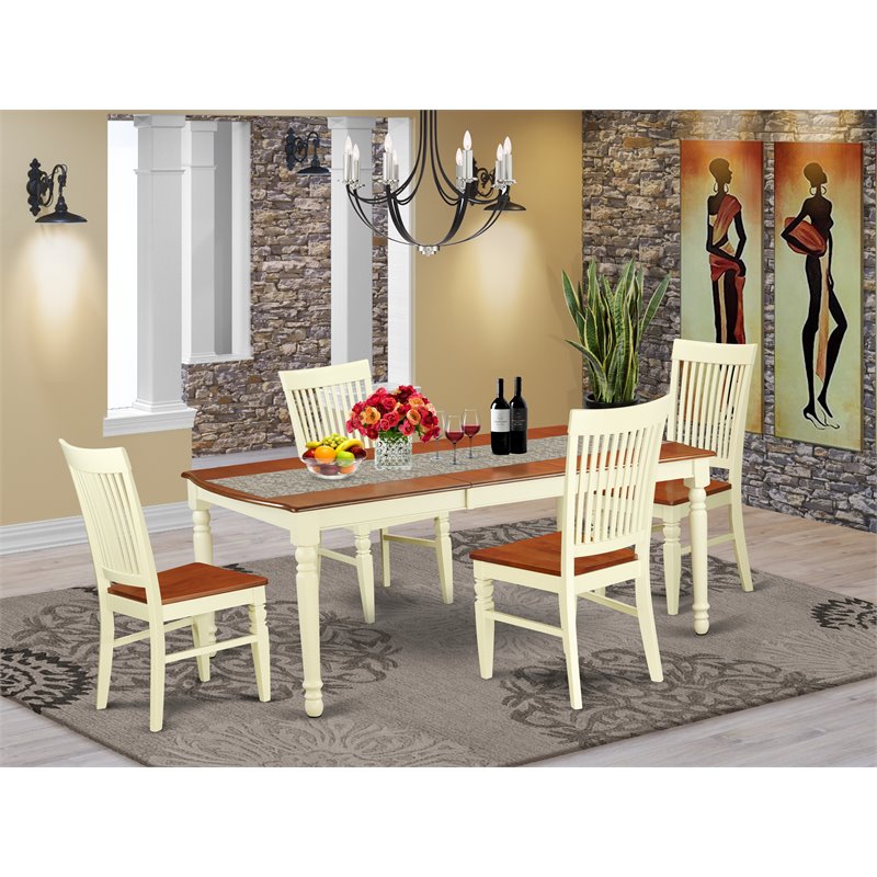 Pemberly Row 5-Piece Dining Set with Wood Seats in Buttermilk and Cherry