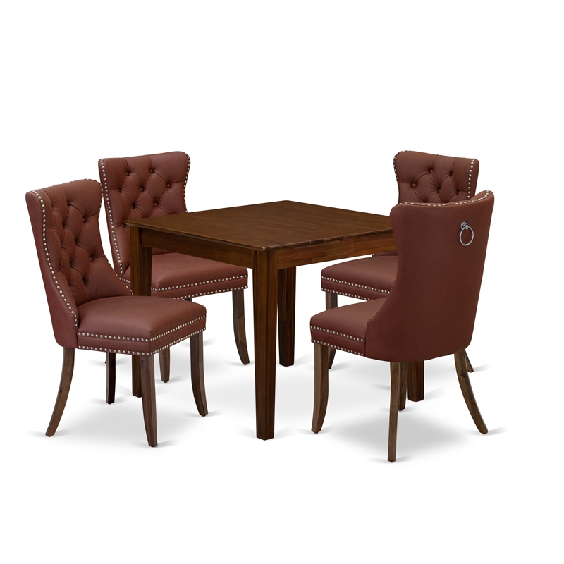 Pemberly Row 5-Piece Dining Set in Antique Walnut with Burgundy Upholstery