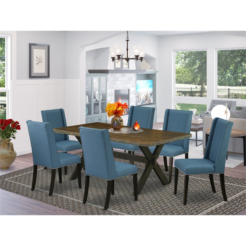 Pemberly Row X-Style 7-Piece Wood Dining Table Set in Mineral Blue and Jacobean