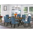 Pemberly Row X-Style 7-Piece Wood Dining Table Set in Mineral Blue and Jacobean
