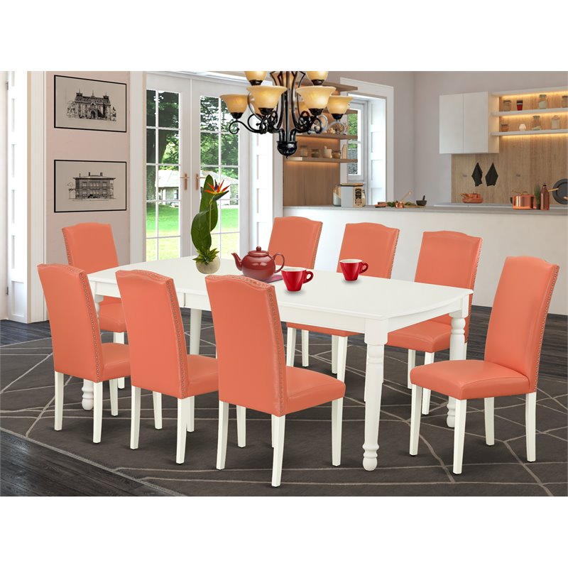 Pemberly Row 9-Piece Wood Dinette Set in Linen White and Pink Flamingo