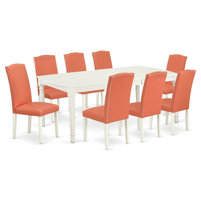 Pemberly Row 9-Piece Wood Dinette Set in Linen White and Pink Flamingo