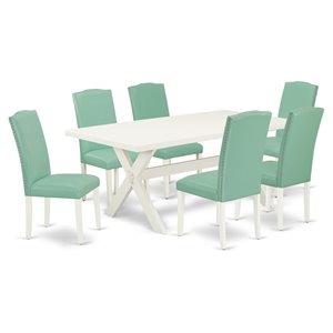 Pemberly Row 7-Piece X-Leg Dining Table Set in Pond Finish and Smoke Gray