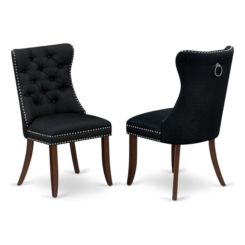 Pemberly Row Set of 2 Linen Fabric Parson Dining Chairs in Black Finish