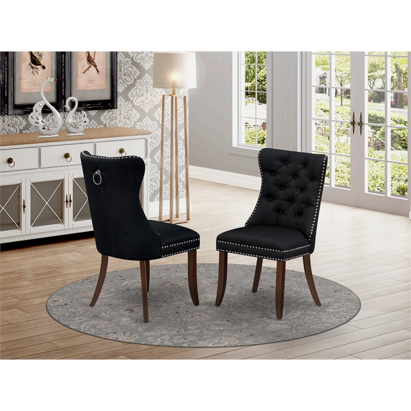 Pemberly Row Set of 2 Linen Fabric Parson Dining Chairs in Black Finish