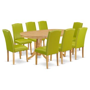 Pemberly Row 9-Piece Oak Dining Set with Oval Table and Autumn Green Chairs