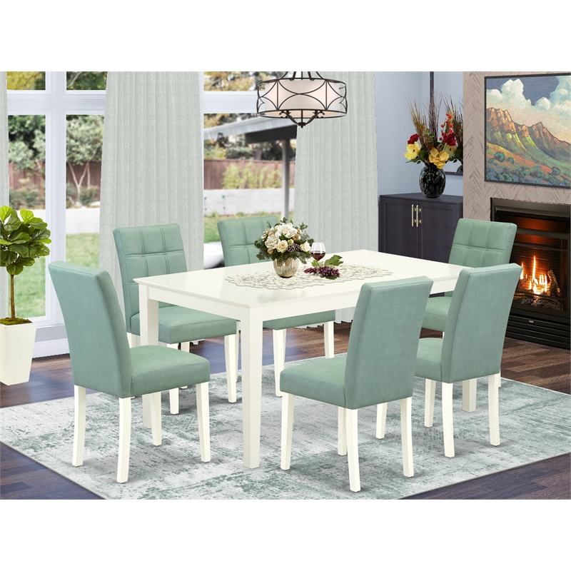 Pemberly Row 7-Piece Dinette Set in Linen White with Willow Green Chairs