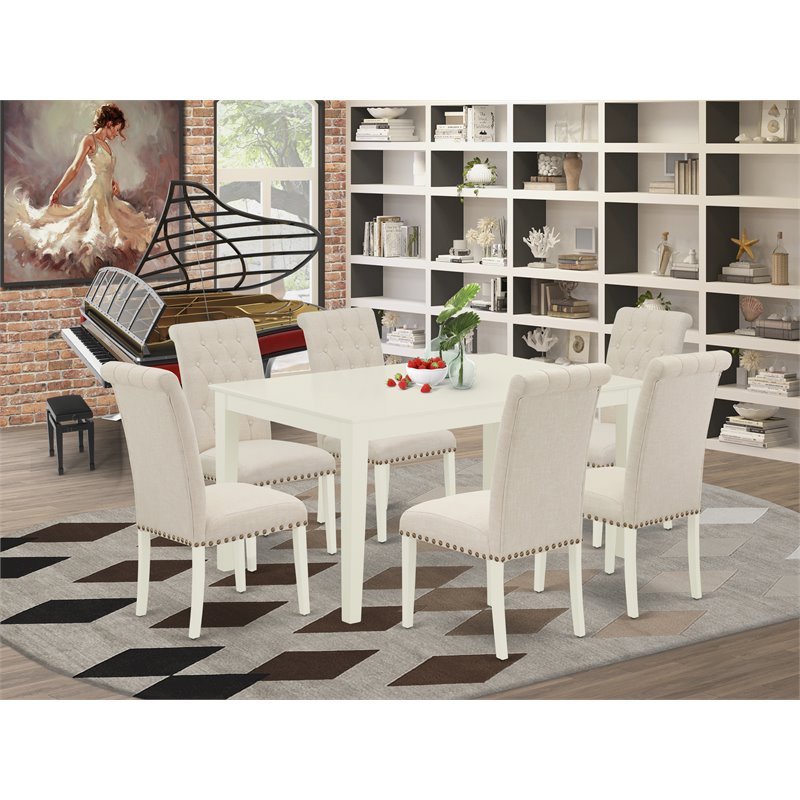 Pemberly Row 7-Piece Rectangular Wood Dining Set in Linen White and Beige