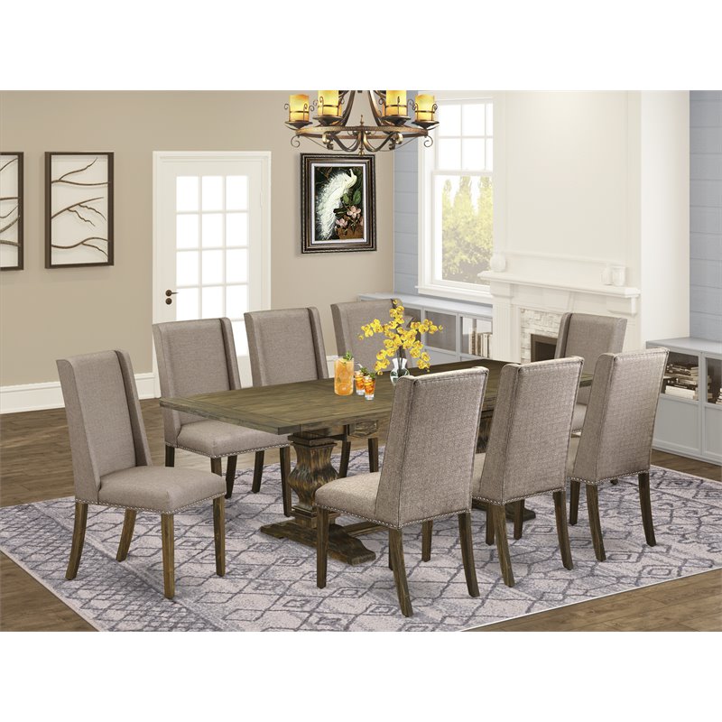 Pemberly Row 9-Piece Wood Dining Set in Jacobean Finish and Dark Khaki