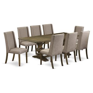 Pemberly Row 9-Piece Wood Dining Set in Jacobean Finish and Dark Khaki