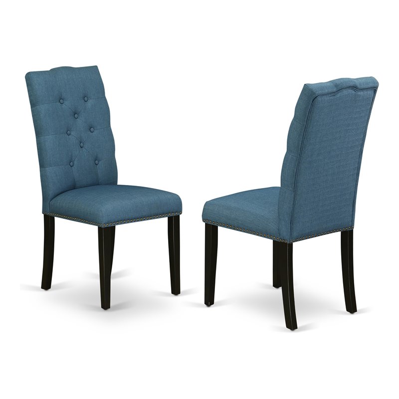 Pemberly Row Set of 2 High Back Linen Fabric Dining Chairs in Black/Blue